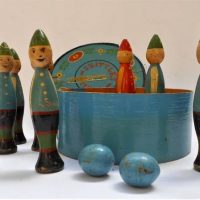 Set of 1920s wooden Pixie Table skittles in original box - Sold for $75 - 2019