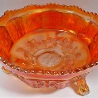 Vintage Fenton Carnival Glass Butterflies & Berries Master Bowl - Marigold colour, on 3 Feet - 22cm Diam - Sold for $31 - 2019
