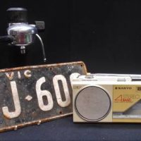 Vintage Italian coffee machine and Sanyo cassette deck and old number plate - Sold for $37 - 2019