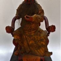 Vintage carved and painted with gilt, wooden Chinese God sitting on an ornate throne with dragon armrests - Sold for $137 - 2019