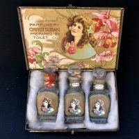 c1910 decorative tin Perfumery Box with three bottles - Perfumery Chiyotsubaki prepared by Toilet Co - Sold for $199 - 2019
