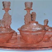 1930s 6 piece Pink glass dressing table set with floral pattern -  tray, pots and candlesticks - Sold for $68 - 2019