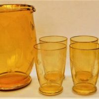 1930s Amber glass water set with floral decoration - Sold for $25 - 2019