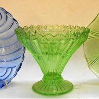 3 x Pieces of green and blue depression glass  incl green vase with frog and Blue art deco bowl - Sold for $37 - 2019