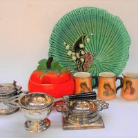 Group lot - Epns & Pretty china - Marie Louise Majolica Cabinet plate, Goebels Tomato Lidded Tomato shaped Sugar Bowl, JAMES DIXON Arts & Crafts Tanka - Sold for $43 - 2019