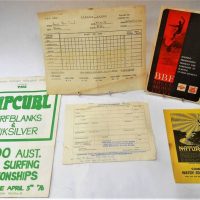 Group of 1970s surfing ephemera including Bruce Brown films brochure, Judges sheets, Australian Surf riders association membership forms and 1976  Bel - Sold for $99 - 2019