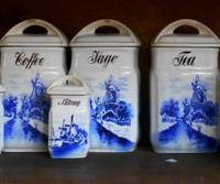 Group of German Blue and white kitchen food and spice cannisters and Bed pan, some chips to cannisters - Sold for $37 - 2019