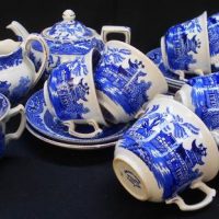 Group of blue and white willow pattern china by Burleigh ware including teapot and jug - Sold for $43 - 2019