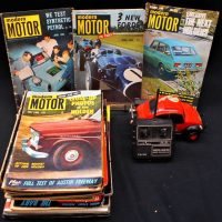 Group of motoring items incl remote control car, ford Galaxie owners manual, 1960s modern motor magazines etc - Sold for $35 - 2019