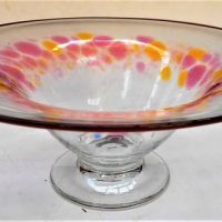 Modern RICHARD MORRELL Australian Art Glass Footed BOWL - Clear w Yellow & Pink splotches, red rim to edge, signed to base - 205cm Diam - Sold for $43 - 2019