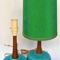 Pair of vintage Australian pottery lamps with blue lobed bases and gold stems with original shades - Sold for $99 - 2019