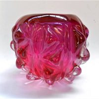 Retro 1970s Japanese ART GLASS vase - heavy w Triangular shaped protrusions from body, Pink Red colour, ground pontil mark - 135cm H - Sold for $37 - 2019