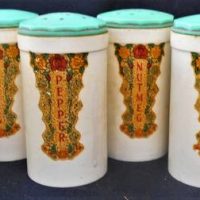 Set of cream and green Bakelite spice cannisters by Sellex Australia - Sold for $43 - 2019