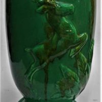 Vintage Australian Pottery large green glazed vase with raised decoration 'Leaping Deer'- signed to base but illegible - 32cm tall - Sold for $149 - 2019