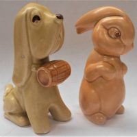 2 Vintage stylised Sylvac figurines Rabbit and Dog with Barrel  tallest 13cm - Sold for $43 - 2019