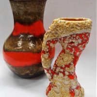 2 x Pieces Retro Orange lava glazed Pottery including Scheurich vase - 21cm H - Sold for $37 - 2019