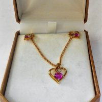 9ct gold Angus & Coote necklace & matching earrings - open heart pendant on chain - set pink stone and tiny diamond - Sold for $50 - 2019