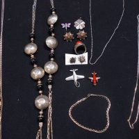 Box lot jewellery, some silver incl Filigree coral ring, long Eastern necklace, chains, earrings etc - Sold for $50 - 2019