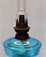C1900 Kerosene lamp with Milk glass base and blue font - Sold for $50 - 2019
