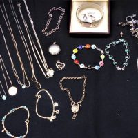 Group lot mainly silver jewellery incl Round locket, bracelet with filigree heart lock, chains, bracelets, stud earrings boxed bangle with earrings et - Sold for $56 - 2019