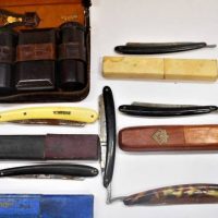 Group of vintage Straight razors and leather cased Bakelite shaving set - Sold for $87 - 2019