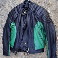 Vintage MARS Leather Motorbike OUTFIT - Black jacket w all Padding to shoulders, elbows, etc - Green Inside panelling & matching Pants w Green stripe  - Sold for $93 - 2019