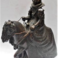 Vintage bronzed statue 'Elizabethan Woman on Horseback' - approx 34cm tall - Sold for $93 - 2019