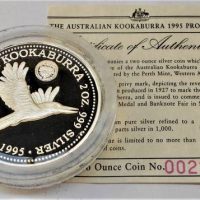 1995 Australian Proof Kookaburra 2oz silver coin in case - Sold for $87 - 2019