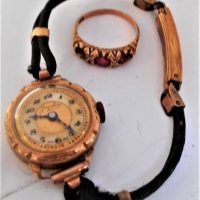 2 x items - c1900 9ct rose gold ring with 3 red stones (1 missing) & vintage 9ct gold cased ladies Jewelled wristwatch in boxes - Sold for $161 - 2019