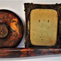 2 x vintage items incl part pokerwork pedestal 'Kookaburra' and pressed copper frame - Sold for $43 - 2019