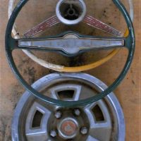 3 x vintage auto items incl HR Holden steering wheel, Monaro hub cap and another vintage steering wheel - Sold for $56 - 2019