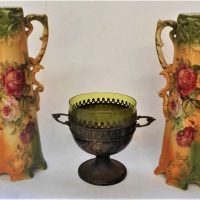 Pair of German bisque vases with rose decoration and WMF green glass lines EPNS comport - Sold for $56 - 2019