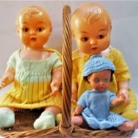 3 x Vintage Plastic dolls By Kader Hong Kong #B3525 with hand knitted dresses and Doll in blue dress - Sold for $43 - 2019
