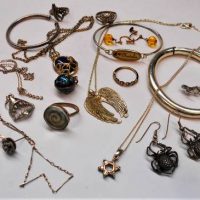 Box lot jewellery, some silver incl Bangle, bracelets, pendants, chains, earrings etc - Sold for $62 - 2019