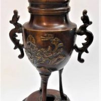 Chinese Bronze three footed incense burner with foo dog finial - approx 20cms H, af - Sold for $43 - 2019