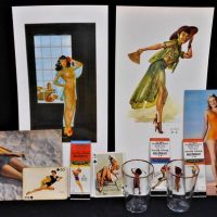 Group lot - 194050s Pin Up Girl Girlie items inc, 2 x Salesman's sample Asian girls calendar pages, 5 x  American service station advertising matchboo - Sold for $75 - 2019