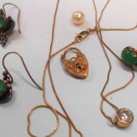 Group lot jewellery incl 9ct gold chain and pendant with zirconia, pair Nouveau style green stone earrings Silver gplated bracelet heart lock etc - Sold for $62 - 2019