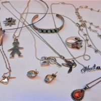 Group lot silver jewellery incl Boxed modernist necklace, earrings, qty silver pendants, chains, rings, bangle, earrings etc - Sold for $68 - 2019