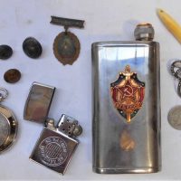 Group of Blokey items including Pocket watch and hip flask with Russian script, Cigarette lighter, ivory pendant etc - Sold for $68 - 2019