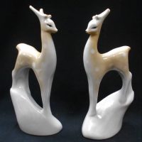Pair Vintage Mid Century Modern POLISH Porcelain DEER Figures - Stylised period shape & design, both pieces marked to bases - 255cm H Each - Sold for $31 - 2019