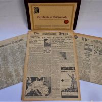Presentation folder of Authentic Newspapers of a Very Important Date incl 1881 South Australian, 1944 The Argus, etc all with Certificate of Authentic - Sold for $31 - 2019