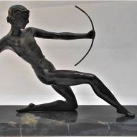 Reproduction Art Deco spelter figure 'Female Archer' on marble base - approx 50cm long - Sold for $137 - 2019