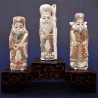 Set of 3 Vintage Carved IVORY Chinese Wise men Figures - on original stand - all pieces signed to feet, 6cm H Each - Sold for $149 - 2019