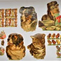 Shoe Box of colourful embossed  Chromo litho Victorian scraps featuring animals - Dogs, Monkeys, cats brides etc - Sold for $75 - 2019