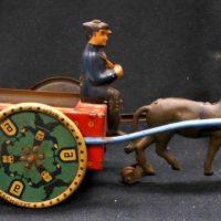 Vintage Lehmann  wind-up  donkey cart Tin toy - Na-Ob #680 Carriages - Patd 2 Dec 1913, USA 25 Jan 1927 - 15cms L - Sold for $137 - 2019