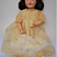 c1910 AM 390 German  bisque character doll - sleep eyes, open mouth, composition jointed limbs - 63cms L - with box - Sold for $137 - 2019