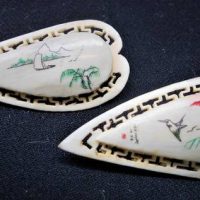 2 x Vintage Carved Japanese IVORY brooches - both w Incised & coloured Signed Scenes - Mountains Lake & Boat + Birds & Reeds - Leaf shaped w Pierced o - Sold for $75 - 2019