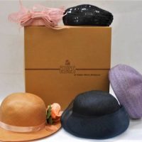 2 x boxes incl Georges with 5 x ladies hats - black sequin Marzi of Milan, Lilac Marie Marcie, pink pillbox with fascinator by Julie Fleming - Sold for $81 - 2019