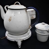 2 x items Jacobus enamelled warming kettle stand and  Sam Clarkes Patent food warmer - Sold for $56 - 2019