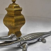 2 x pieces vintage metal ware incl chrome alligator nut cracker and brass lidded ginger jar - Sold for $62 - 2019